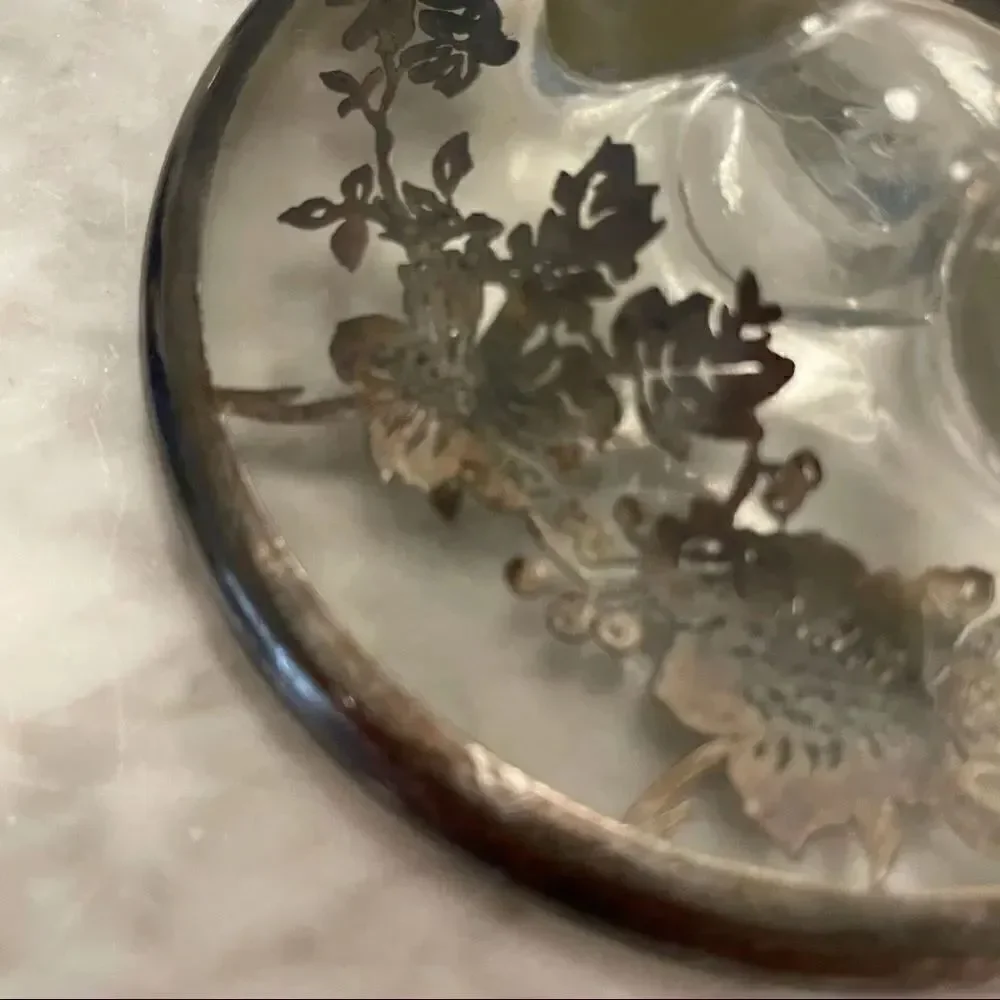 Pair of Circle Silver Overlay Floral Candesticks